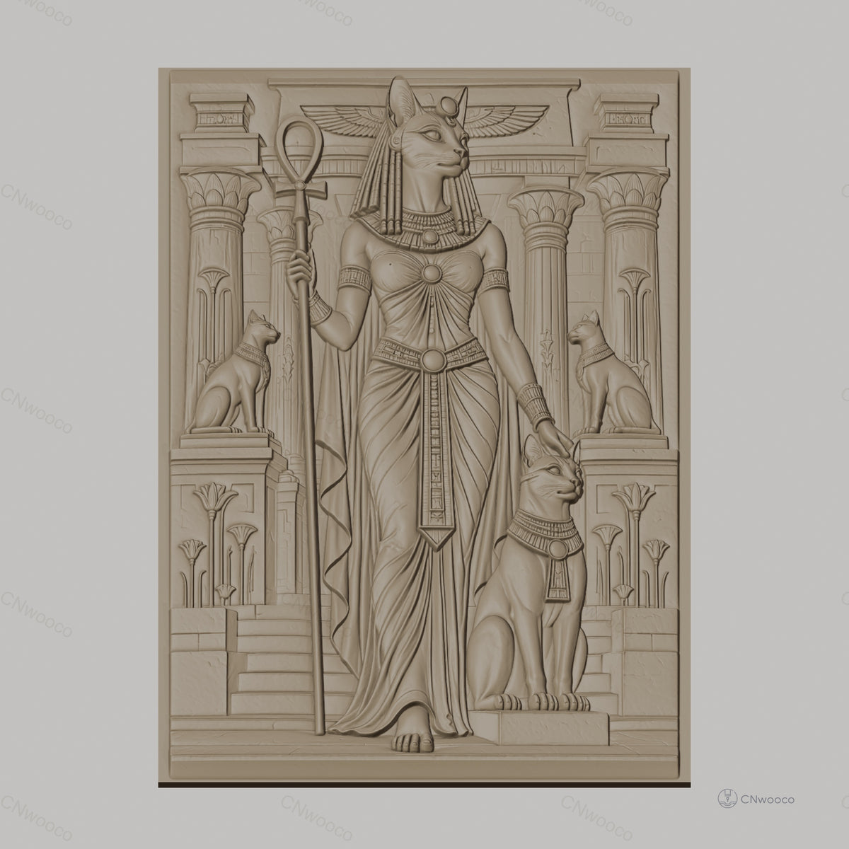 Fichier CNC & impression 3D déesse égyptienne Bastet, chats, colonnes et sphinx, haute qualité relief STL