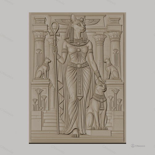 Fichier CNC & impression 3D déesse égyptienne Bastet, chats, colonnes et sphinx, haute qualité relief STL