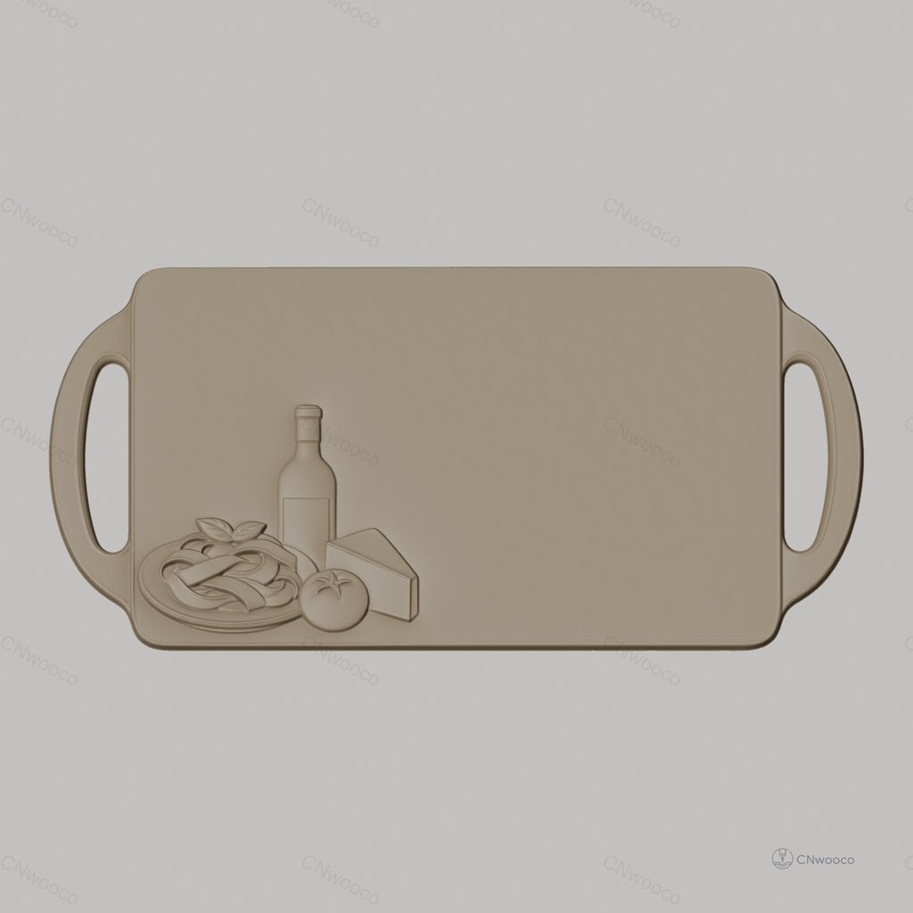 Fichier CNC planche à découper, relief nourriture avec bouteille, tomate et fromage, bas-relief pour sculpture sur bois, STL