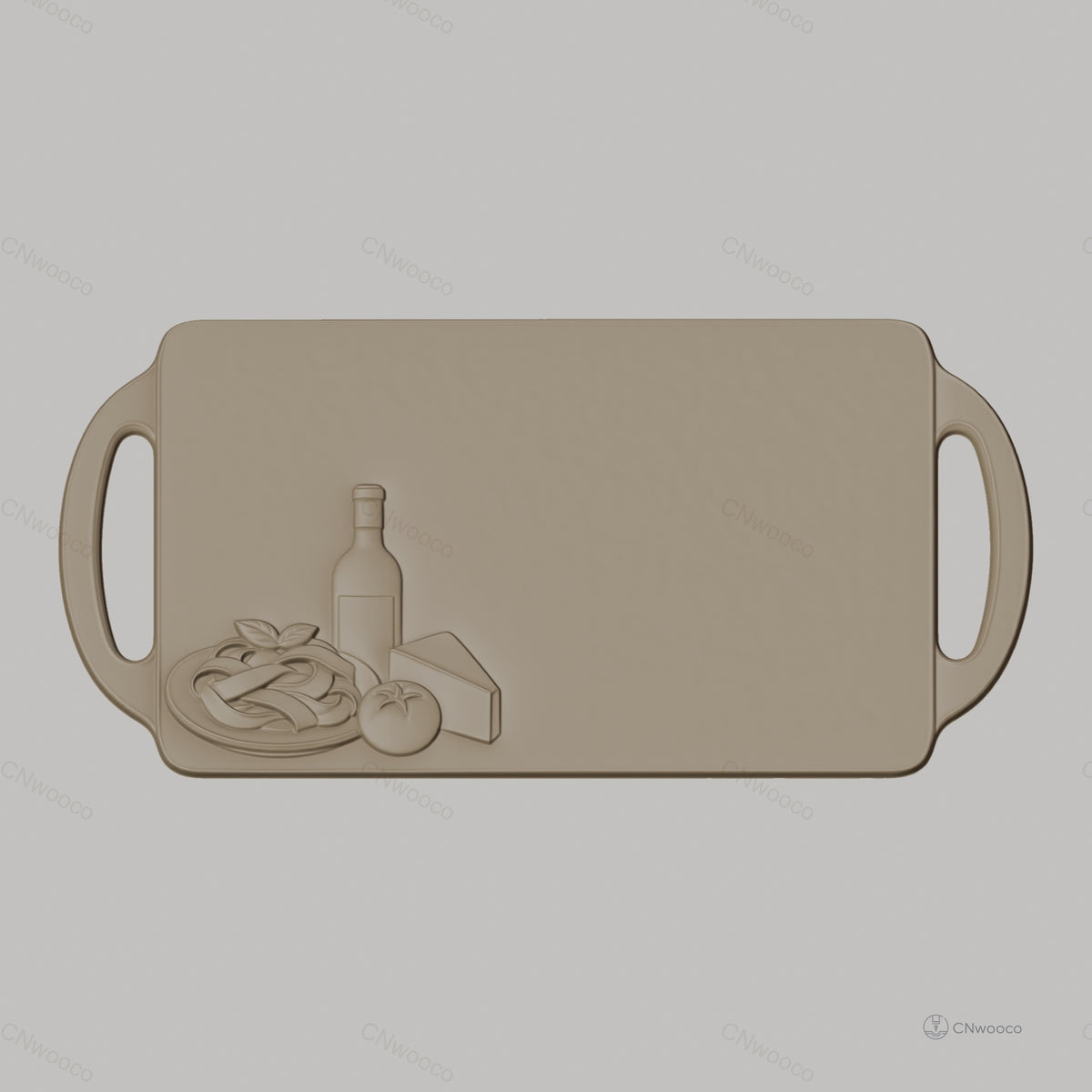 Fichier CNC planche à découper, relief nourriture avec bouteille, tomate et fromage, bas-relief pour sculpture sur bois, STL