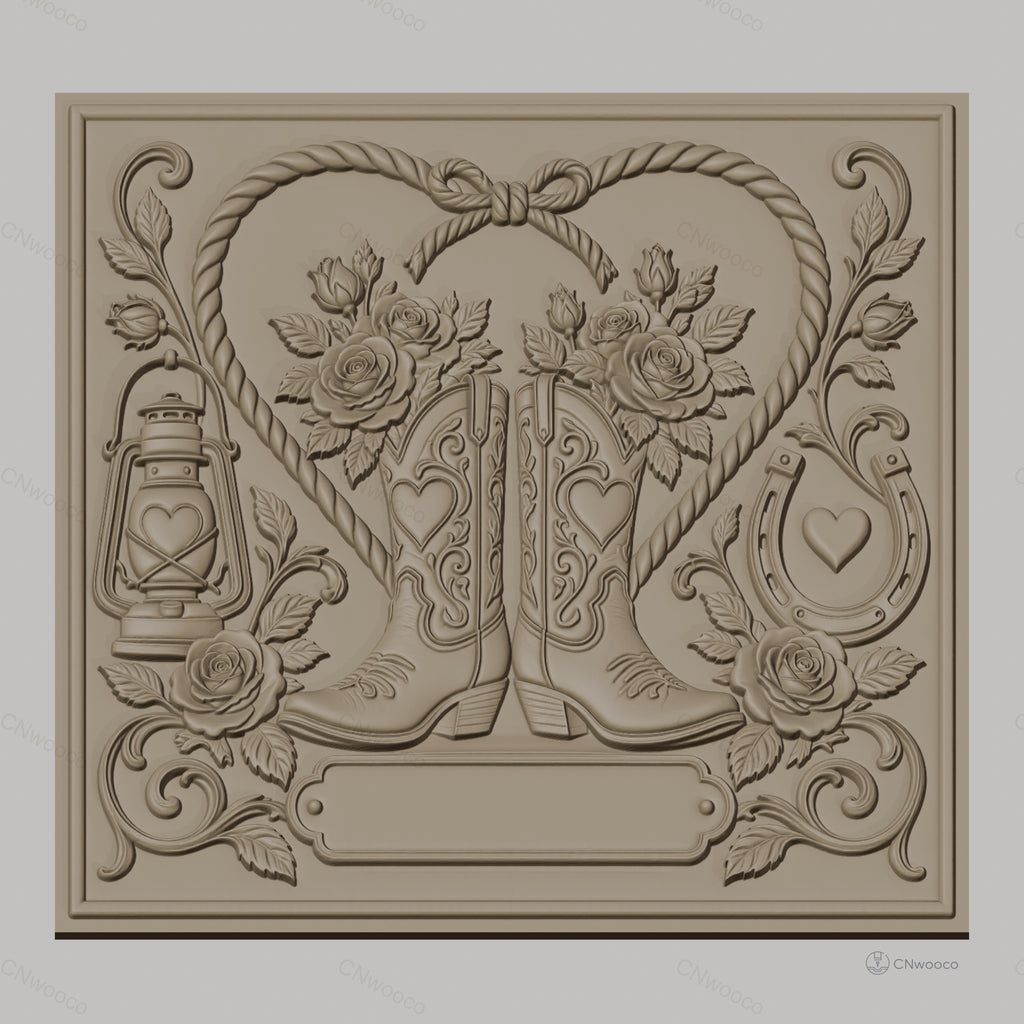 Fichier CNC & impression 3D thème western, bottes de cow-boy, roses, lanterne et fer à cheval, haute qualité relief STL