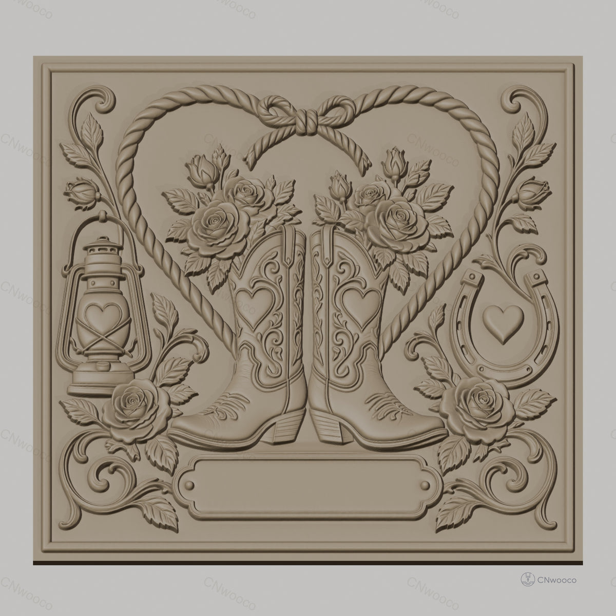 Fichier CNC & impression 3D thème western, bottes de cow-boy, roses, lanterne et fer à cheval, haute qualité relief STL