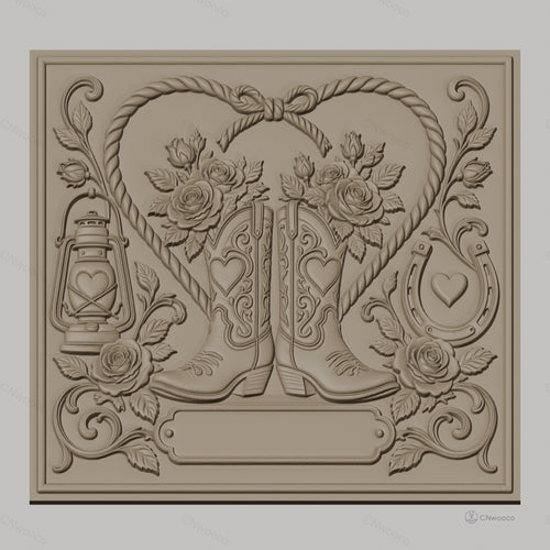 Fichier CNC & impression 3D thème western, bottes de cow-boy, roses, lanterne et fer à cheval, haute qualité relief STL