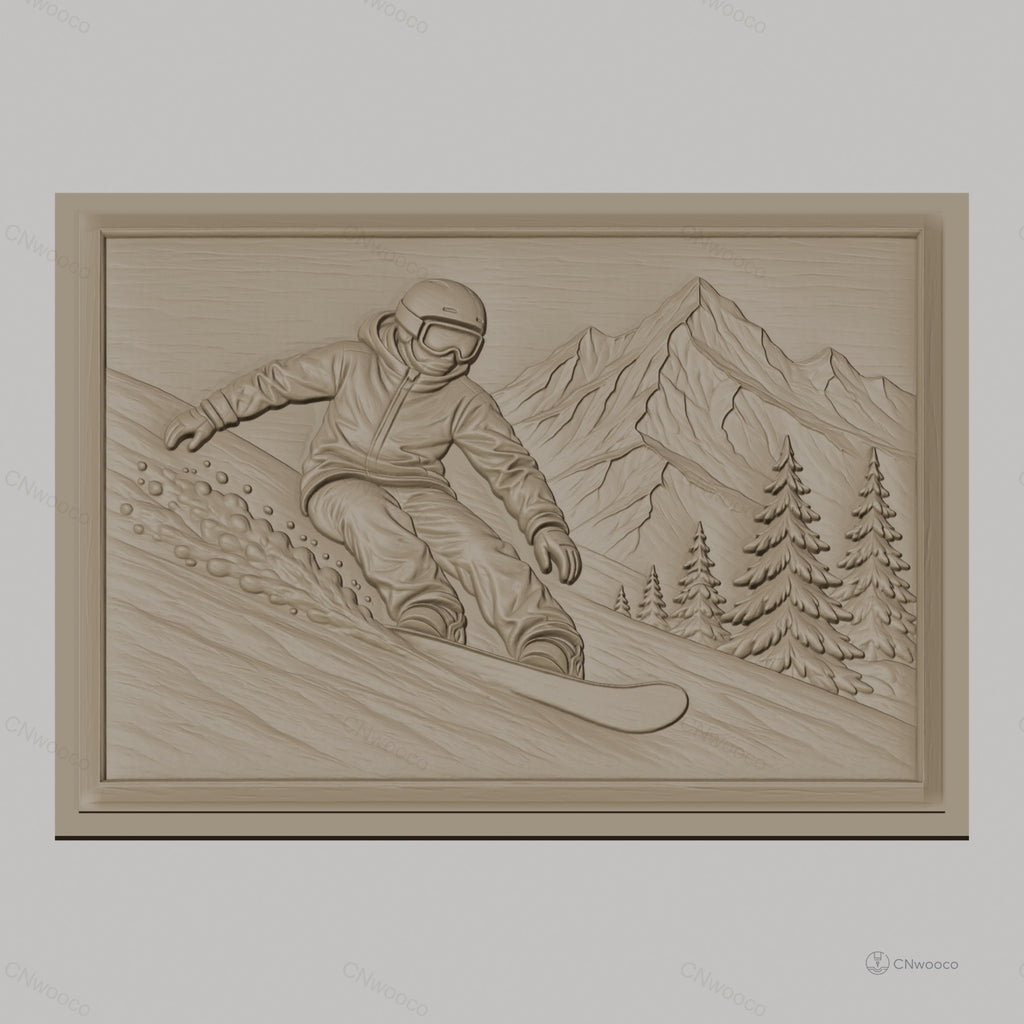 Fichier CNC & impression 3D snowboarder en montagne, relief avec skieur et sapins, haute qualité relief STL