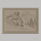 Fichier CNC & impression 3D snowboarder en montagne, relief avec skieur et sapins, haute qualité relief STL