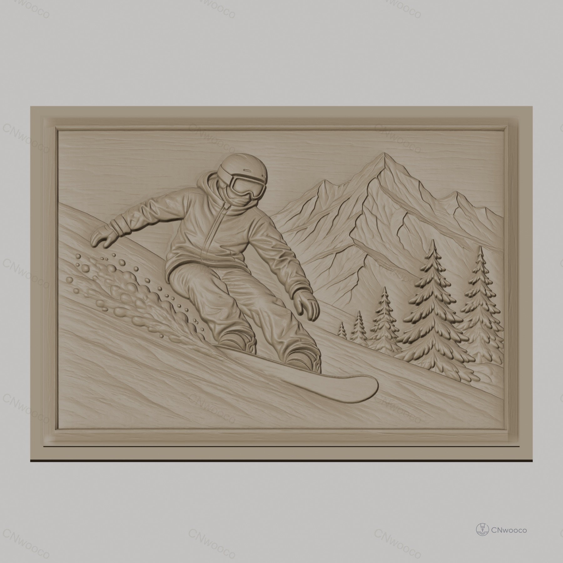 Fichier CNC & impression 3D snowboarder en montagne, relief avec skieur et sapins, haute qualité relief STL