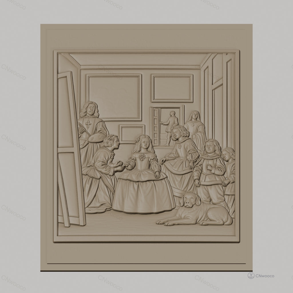 Fichier CNC & impression 3D tableau familial classique, personnages en habits d'époque, chien couché, haute qualité relief STL