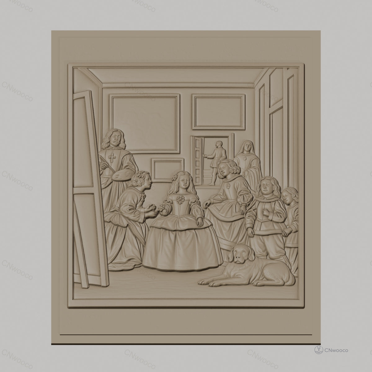 Fichier CNC & impression 3D tableau familial classique, personnages en habits d'époque, chien couché, haute qualité relief STL