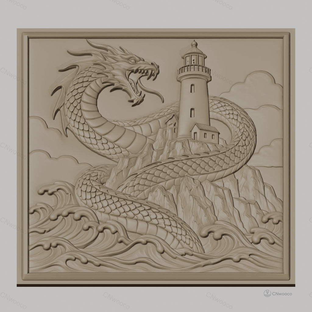 Fichier CNC & impression 3D dragon marin, phare et vagues sculptés, haute qualité relief STL