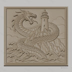 Fichier CNC & impression 3D dragon marin, phare et vagues sculptés, haute qualité relief STL