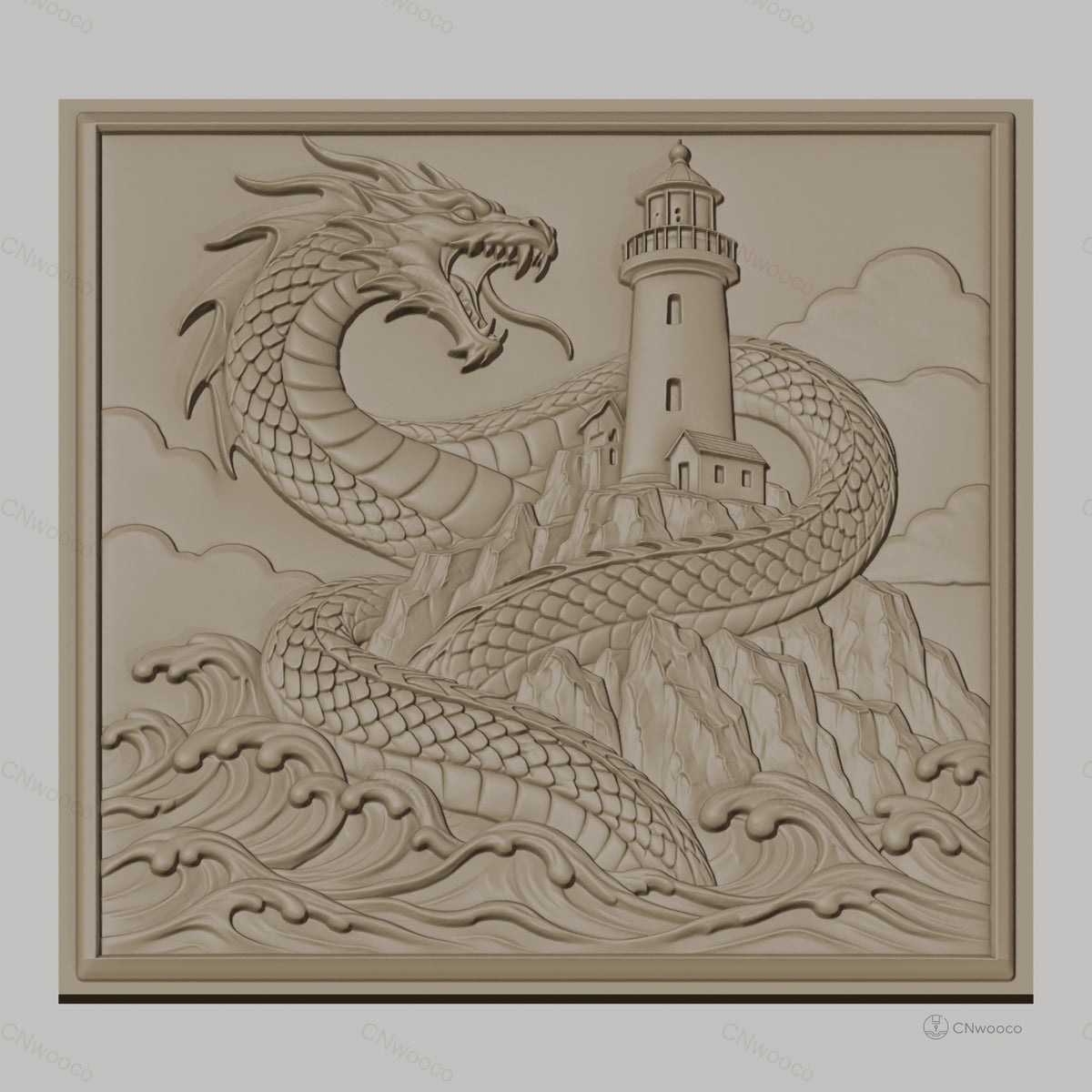 Fichier CNC & impression 3D dragon marin, phare et vagues sculptés, haute qualité relief STL