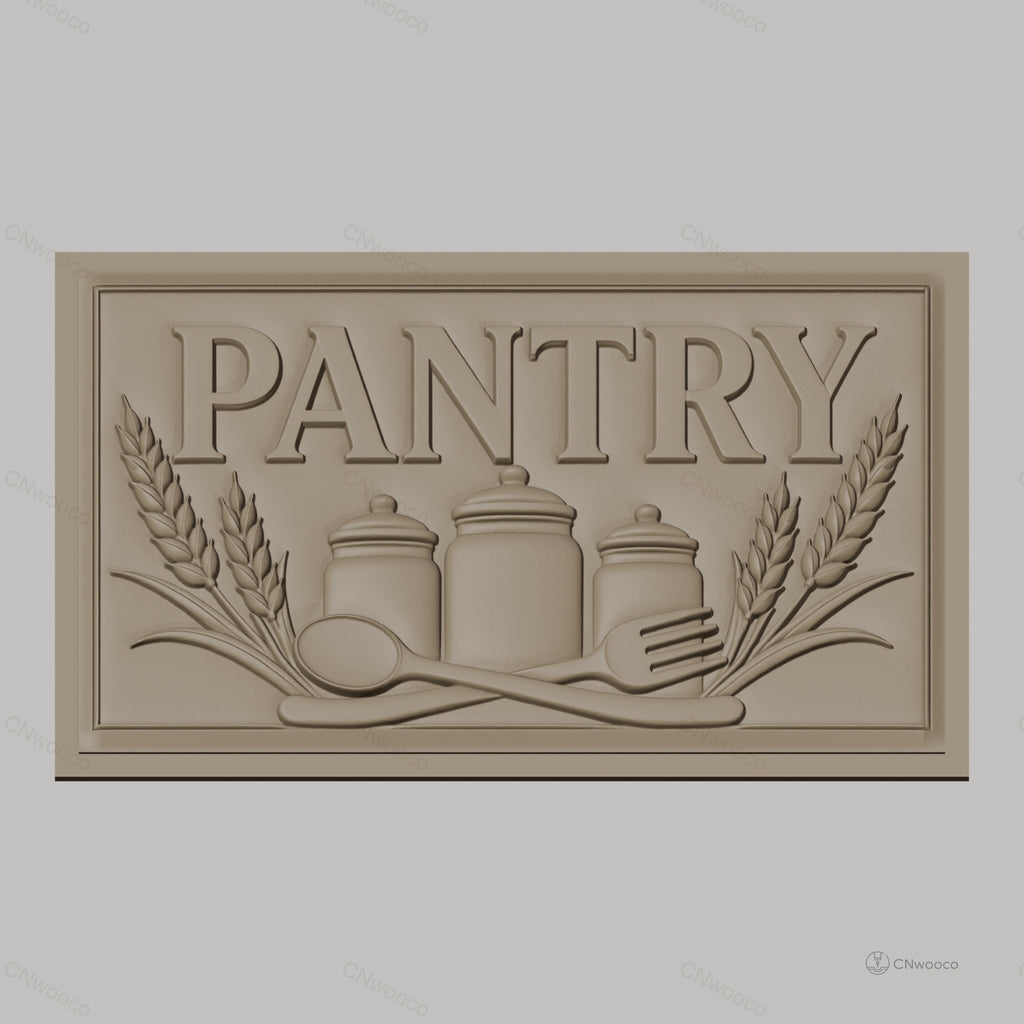 Fichier CNC & impression 3D panneau pantry, bocaux, couverts et épis de blé, haute qualité relief STL