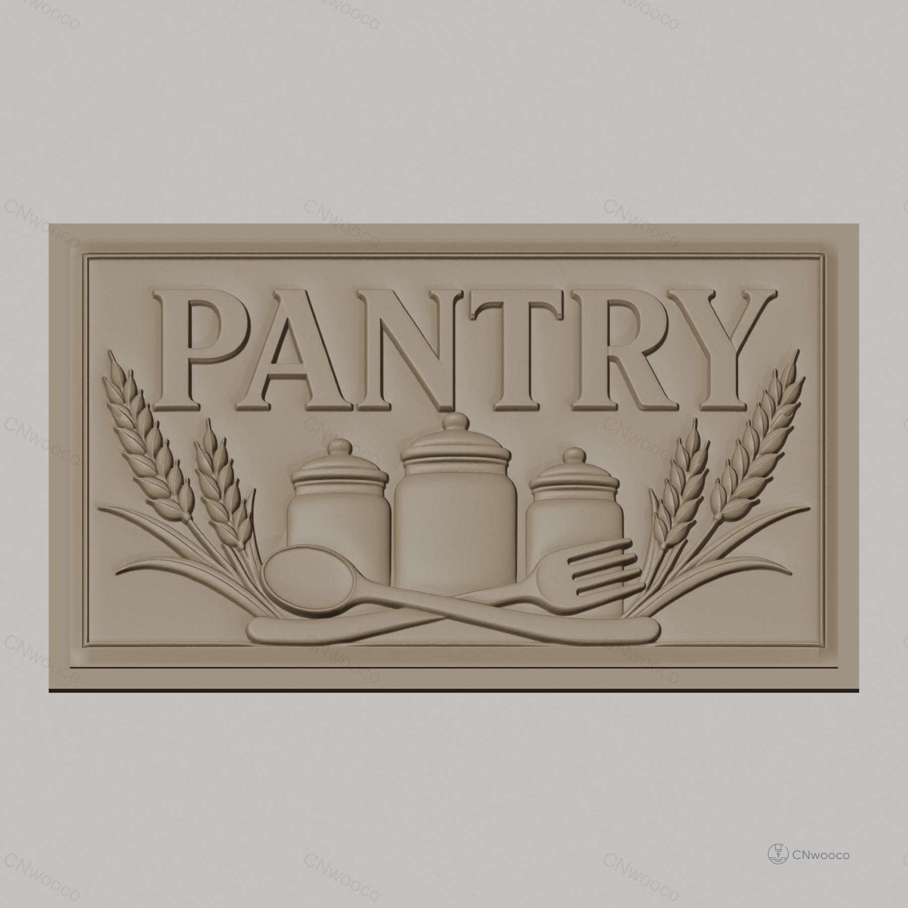 Fichier CNC & impression 3D panneau pantry, bocaux, couverts et épis de blé, haute qualité relief STL