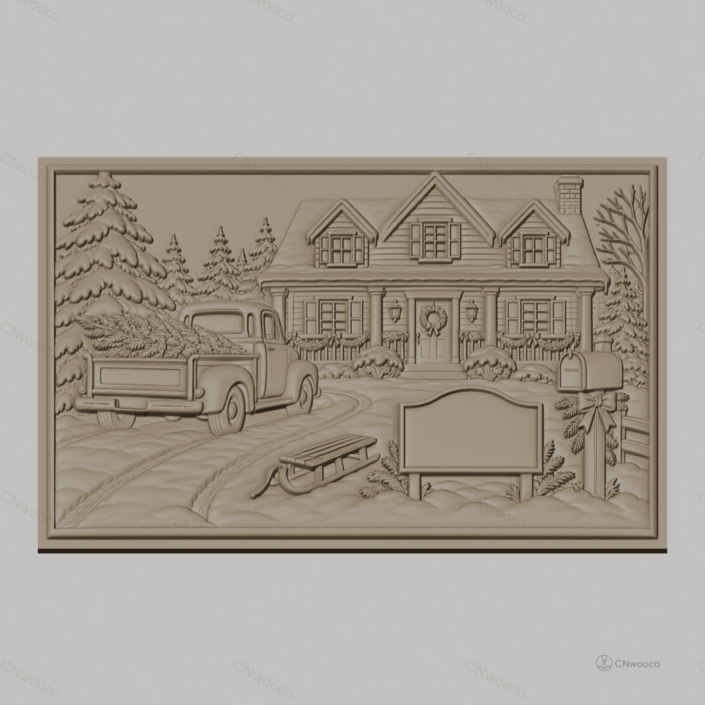 Fichier CNC & impression 3D maison de Noël, camion avec sapins, luge, boîte aux lettres, haute qualité relief STL