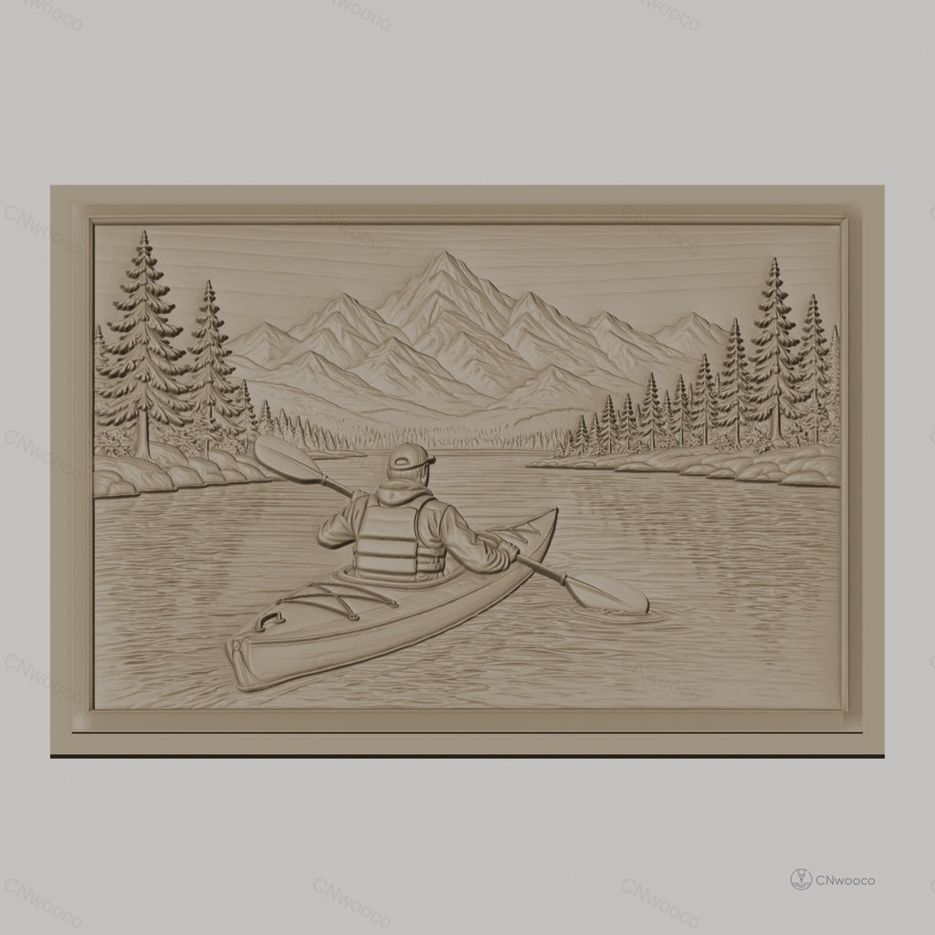 Fichier CNC & impression 3D Kayakiste en rivière, montagnes et pins, haute qualité relief STL