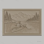 Fichier CNC & impression 3D Kayakiste en rivière, montagnes et pins, haute qualité relief STL