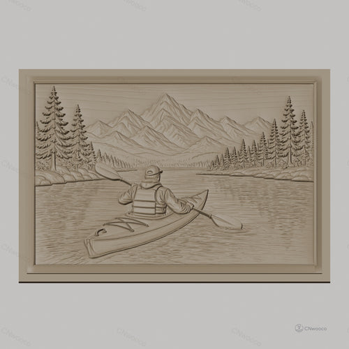 Fichier CNC & impression 3D Kayakiste en rivière, montagnes et pins, haute qualité relief STL