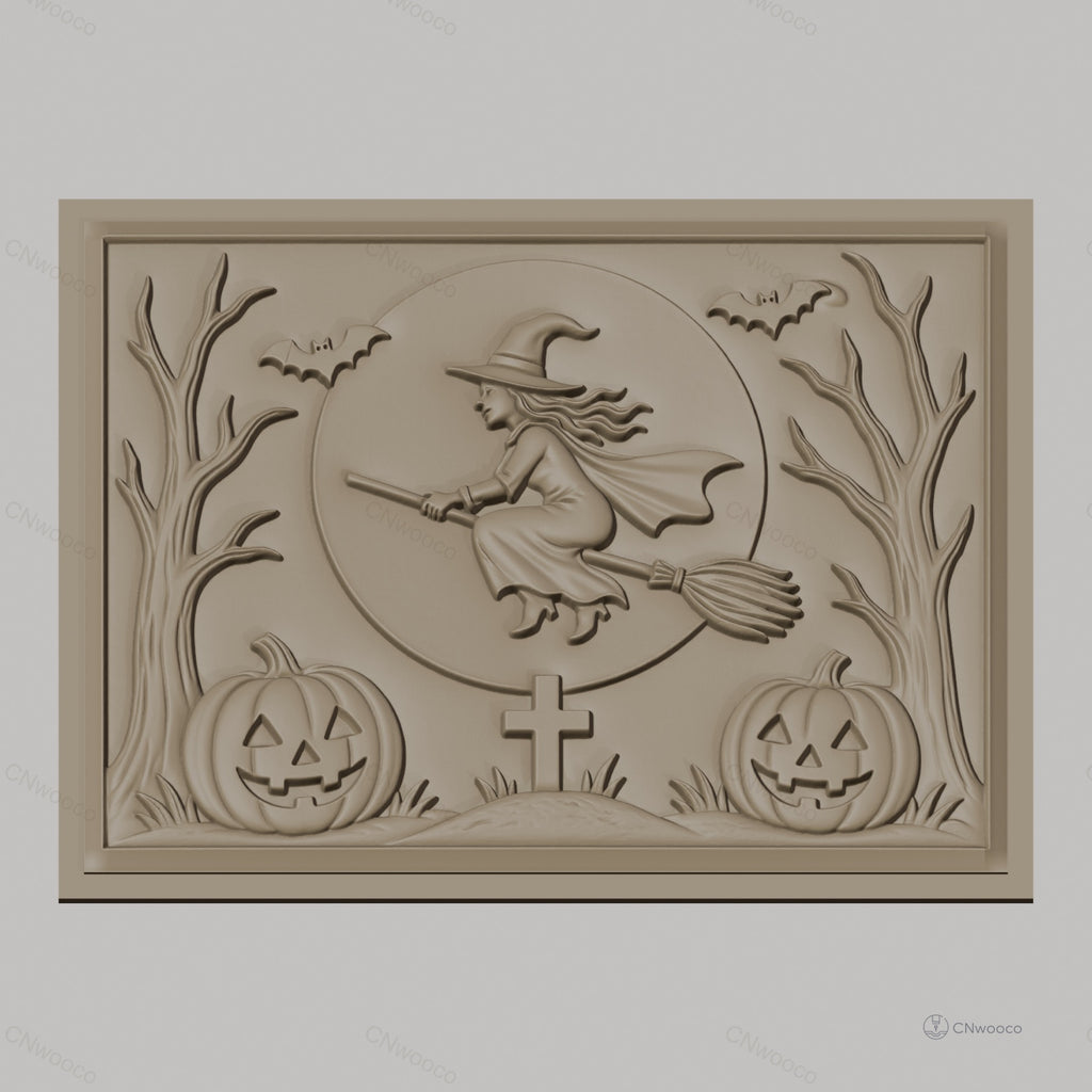 Fichier CNC & impression 3D Halloween, sorcière volante, citrouilles, chauves-souris, tombe, haute qualité relief STL