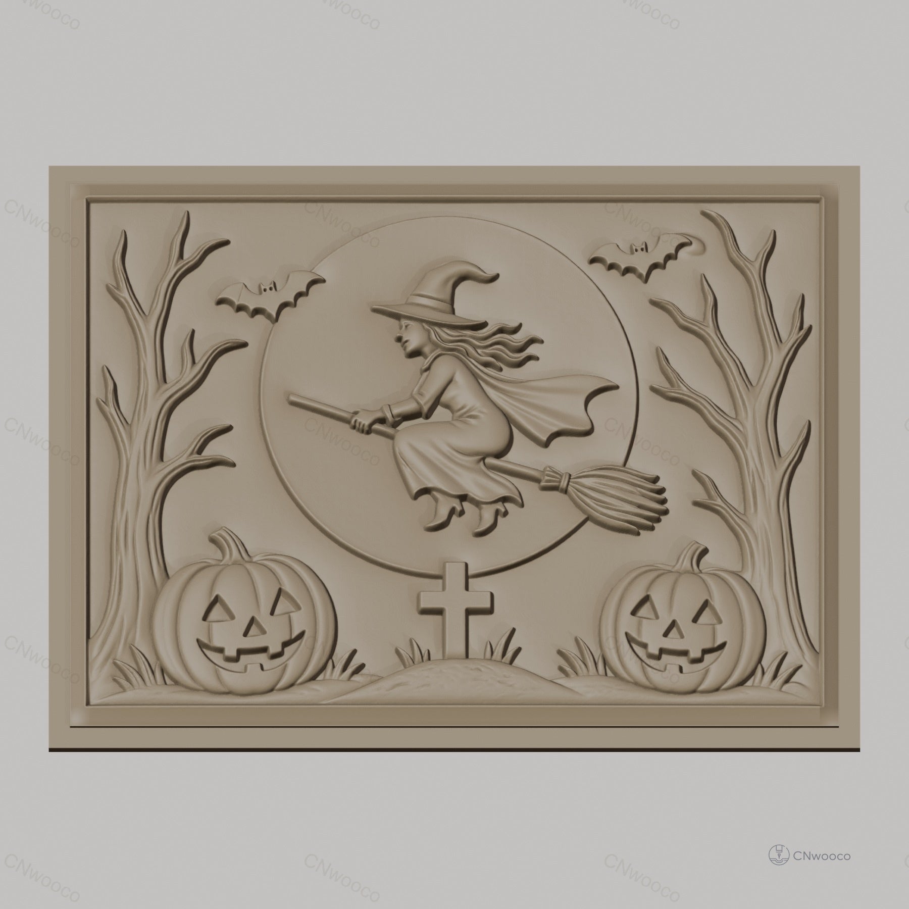 Fichier CNC & impression 3D Halloween, sorcière volante, citrouilles, chauves-souris, tombe, haute qualité relief STL