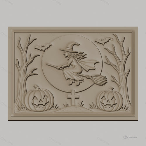 Fichier CNC & impression 3D Halloween, sorcière volante, citrouilles, chauves-souris, tombe, haute qualité relief STL