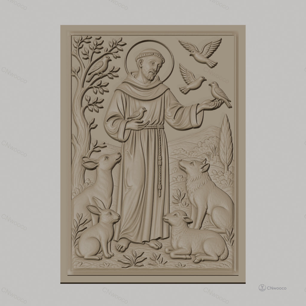 Fichier CNC & impression 3D Saint François d'Assise, animaux et oiseaux dans relief détaillé, haute qualité relief STL