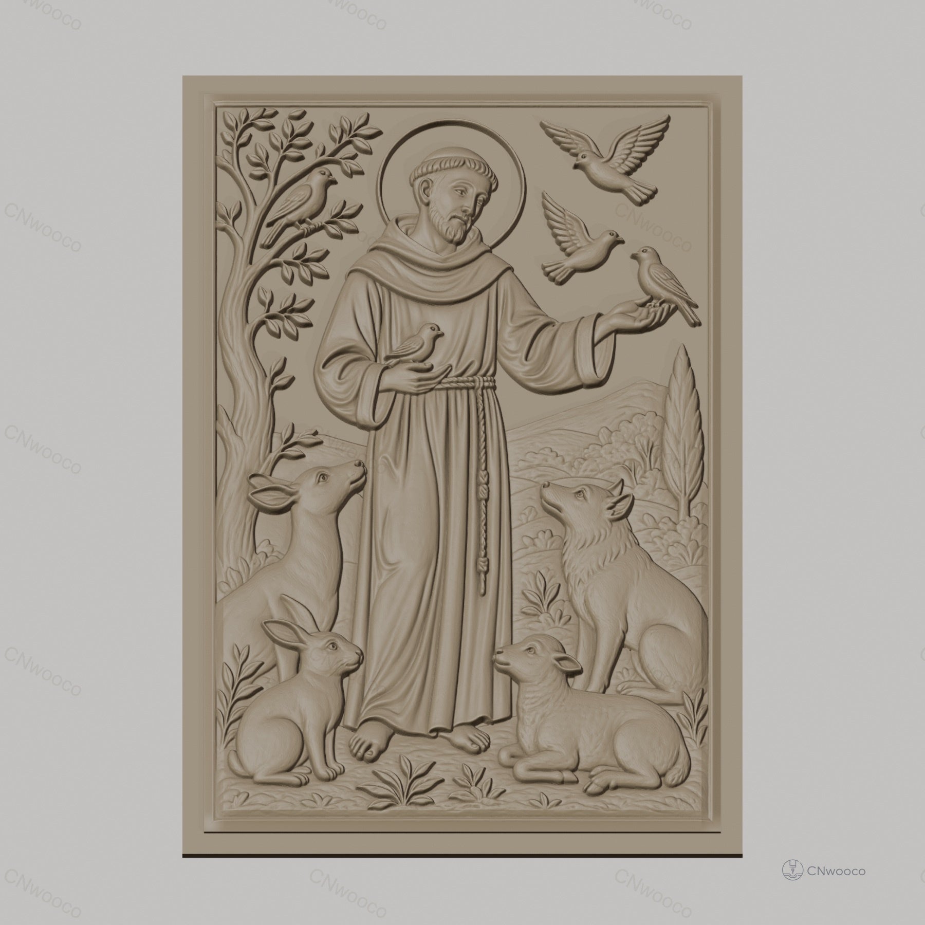 Fichier CNC & impression 3D Saint François d'Assise, animaux et oiseaux dans relief détaillé, haute qualité relief STL