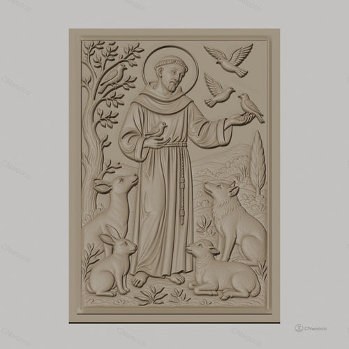 Fichier CNC & impression 3D Saint François d'Assise, animaux et oiseaux dans relief détaillé, haute qualité relief STL
