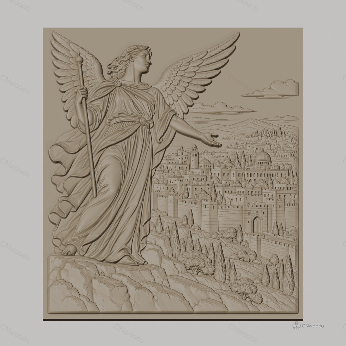 Fichier CNC & impression 3D ange avec ville ancienne, relief détaillé haute qualité relief STL