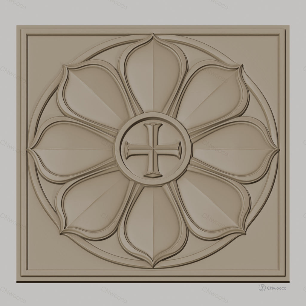 Fichier CNC & impression 3D rosace fleur avec croix, décoration sculptée haute qualité relief STL