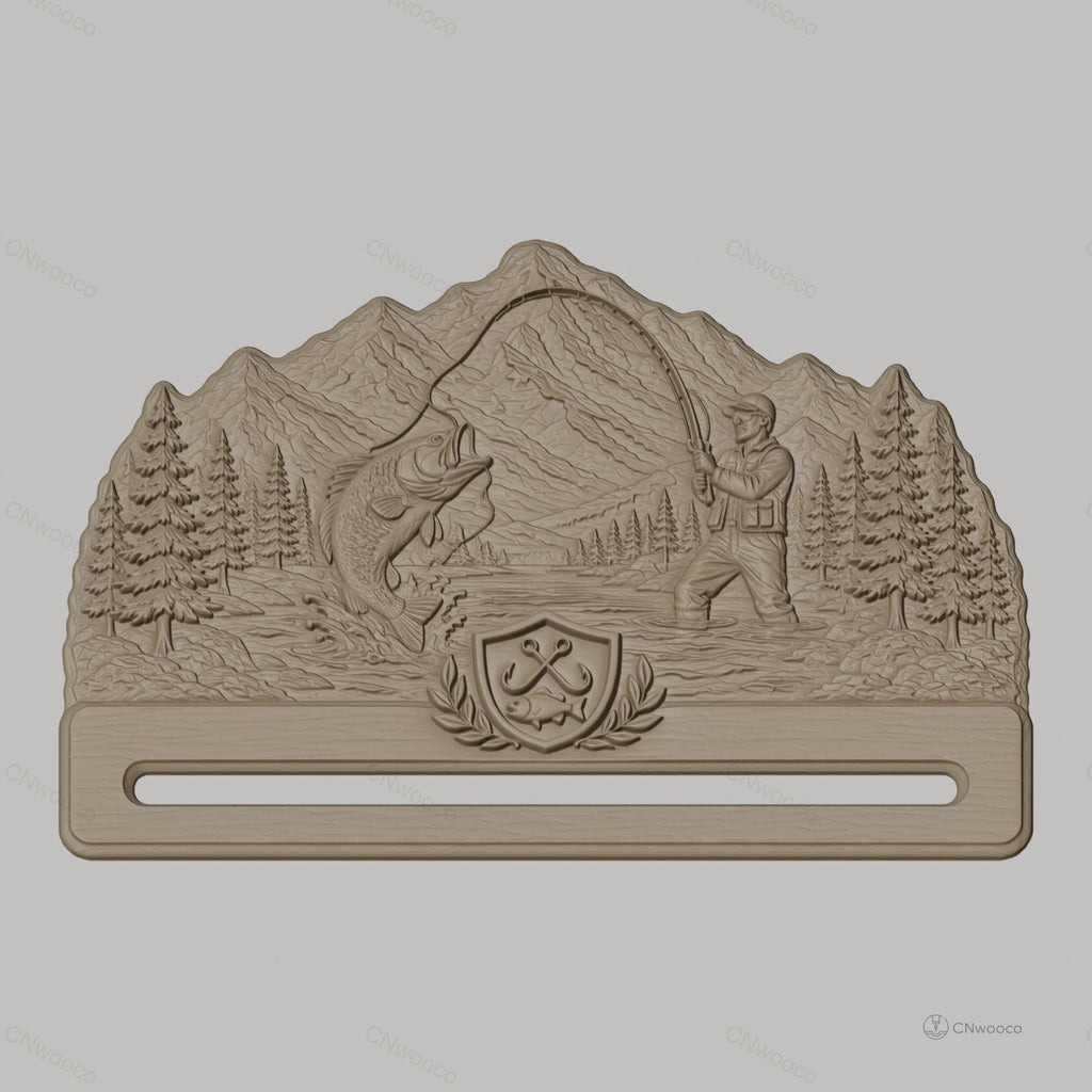 Fichier CNC & impression 3D support ceinture pêcheur, scène nature et poisson, STL très haute qualité