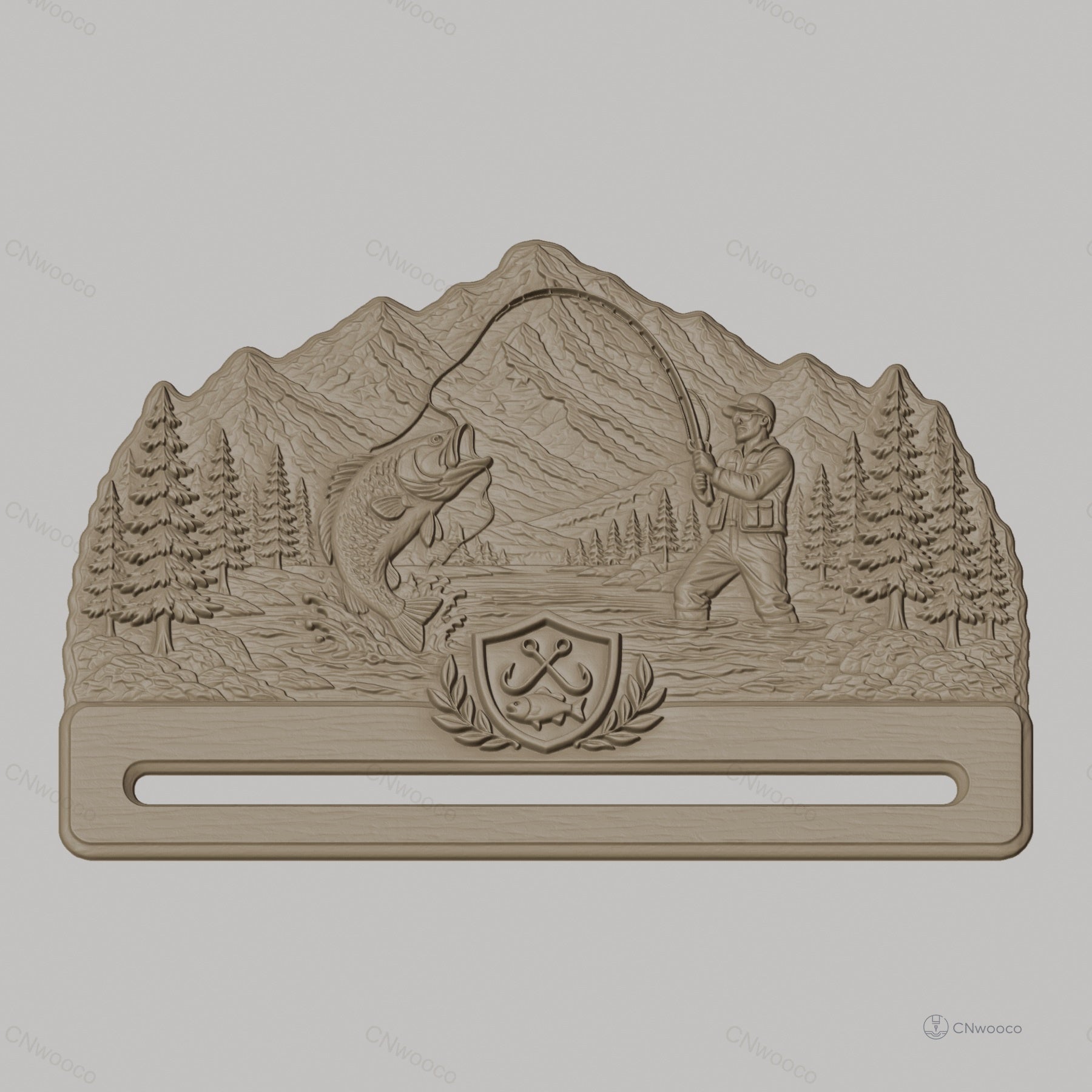 Fichier CNC & impression 3D support ceinture pêcheur, scène nature et poisson, STL très haute qualité