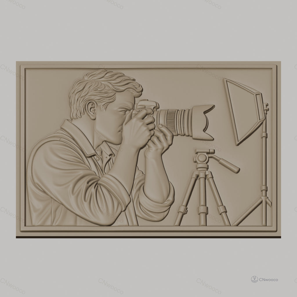 Fichier CNC & impression 3D photographe avec appareil photo reflex, trépied et éclairage, haute qualité relief STL