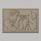 Fichier CNC & impression 3D photographe avec appareil photo reflex, trépied et éclairage, haute qualité relief STL