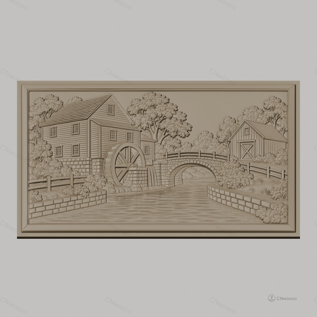 Fichier CNC & impression 3D moulin à eau, pont en pierre et rivière, haute qualité relief STL