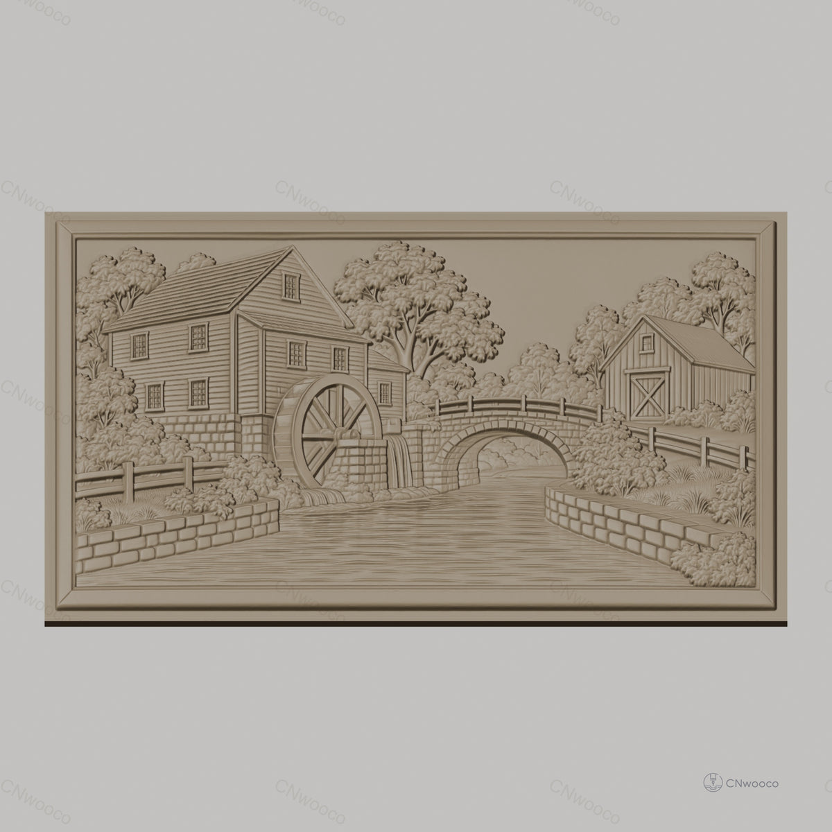 Fichier CNC & impression 3D moulin à eau, pont en pierre et rivière, haute qualité relief STL