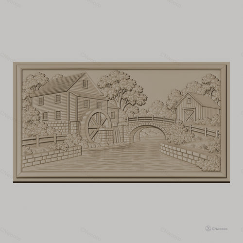 Fichier CNC & impression 3D moulin à eau, pont en pierre et rivière, haute qualité relief STL