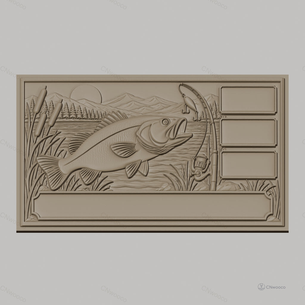 Fichier CNC & impression 3D poisson bass, canne à pêche, paysage lac haute qualité relief STL