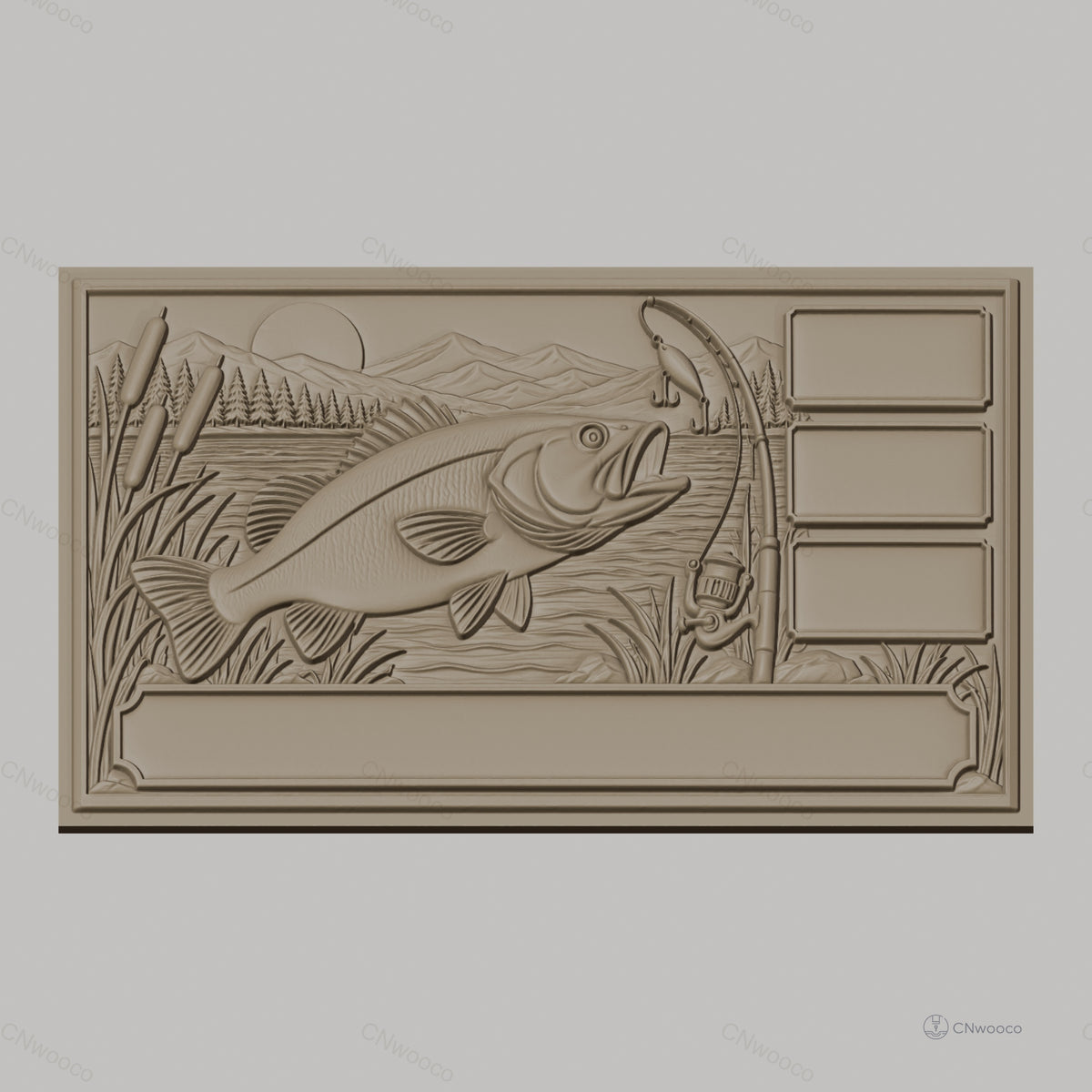 Fichier CNC & impression 3D poisson bass, canne à pêche, paysage lac haute qualité relief STL