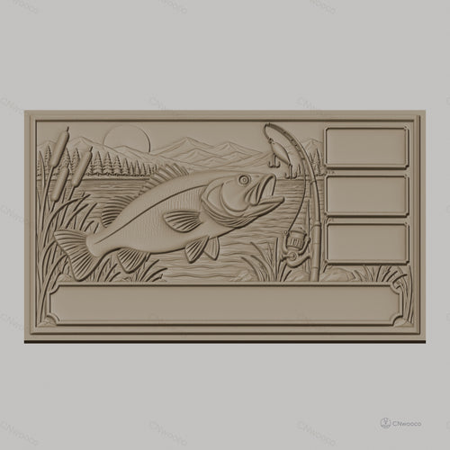 Fichier CNC & impression 3D poisson bass, canne à pêche, paysage lac haute qualité relief STL