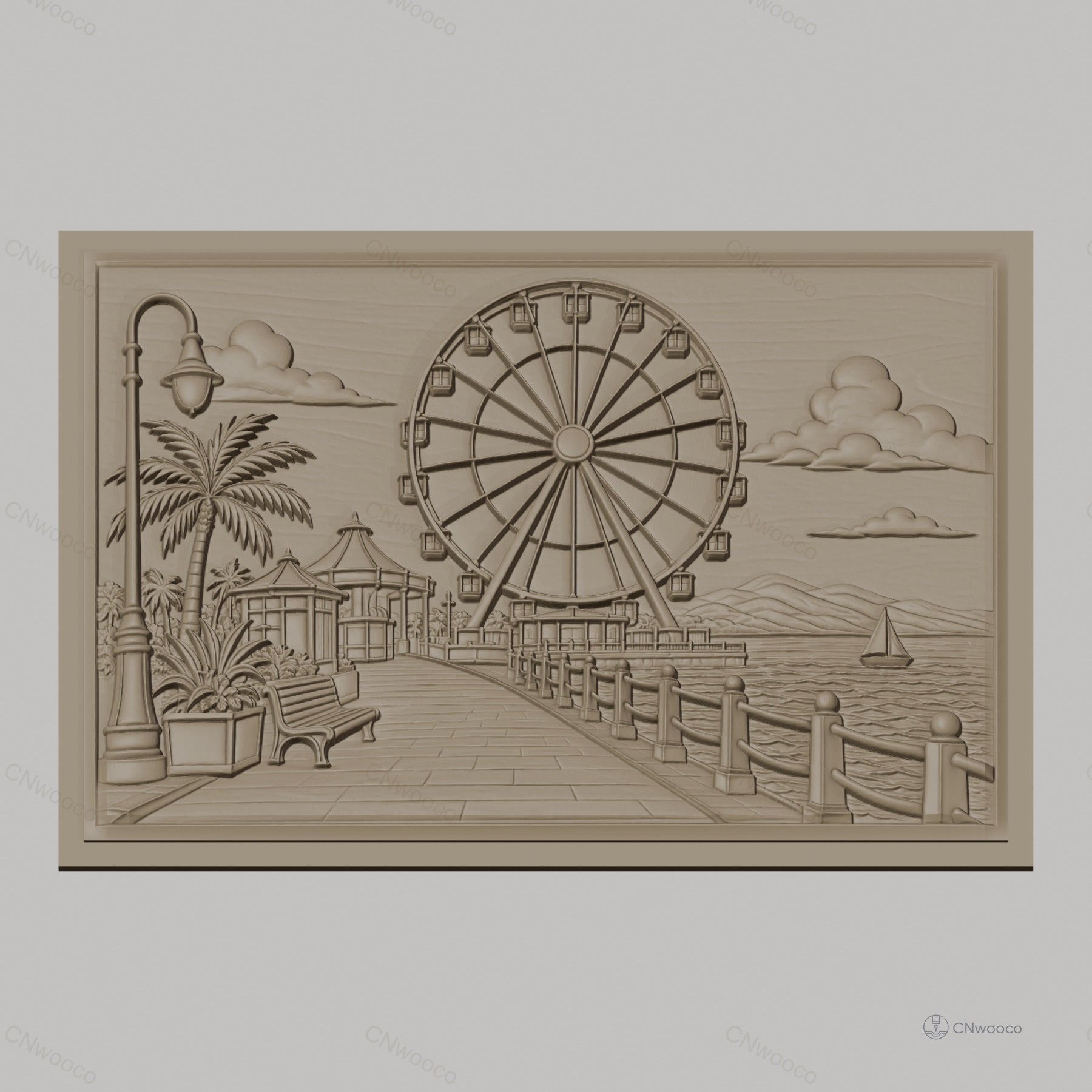 Fichier CNC & impression 3D paysage promenade avec grande roue, banc, lampadaire, haute qualité relief STL