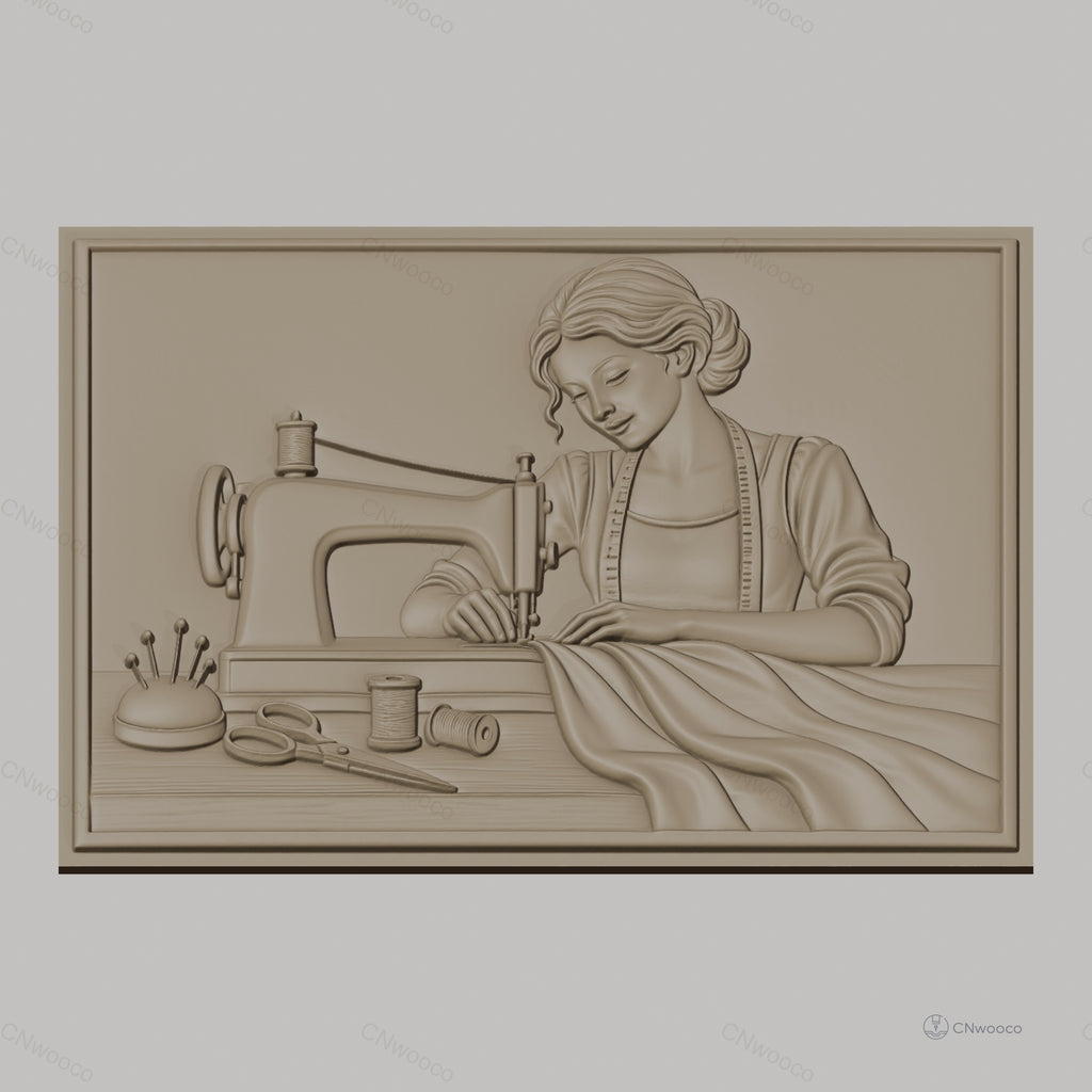 Fichier CNC & impression 3D couturière avec machine à coudre, tissus et accessoires, haute qualité relief STL