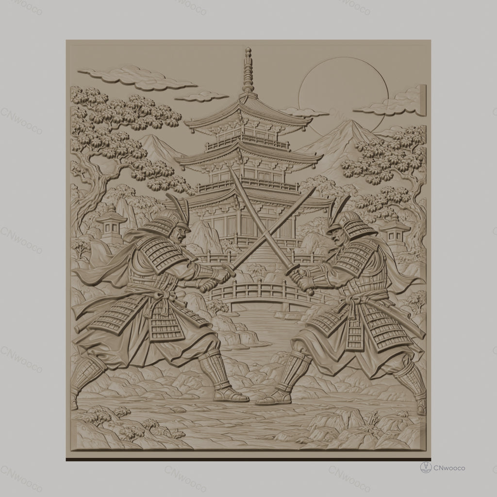 Fichier CNC & impression 3D samouraïs en duel, pagode, paysage japonais, haute qualité relief STL