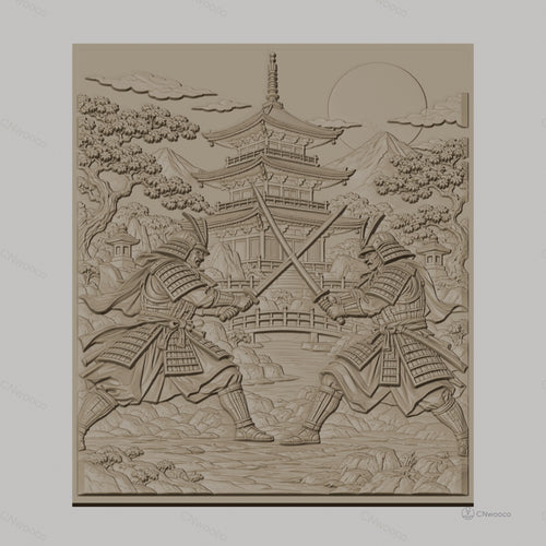 Fichier CNC & impression 3D samouraïs en duel, pagode, paysage japonais, haute qualité relief STL