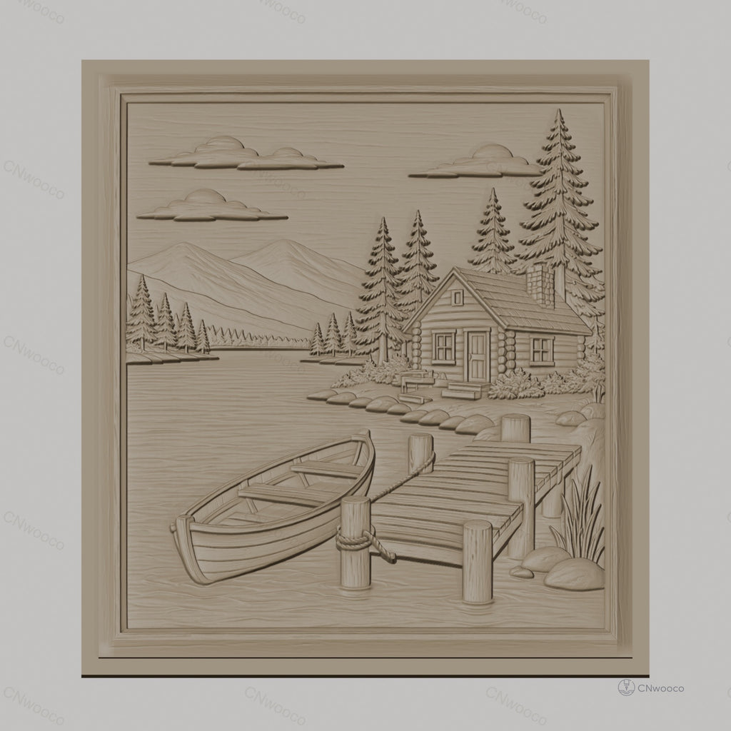 Fichier CNC & impression 3D paysage nature, cabane en bois, lac, barque, ponton, haute qualité relief STL