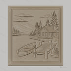 Fichier CNC & impression 3D paysage nature, cabane en bois, lac, barque, ponton, haute qualité relief STL
