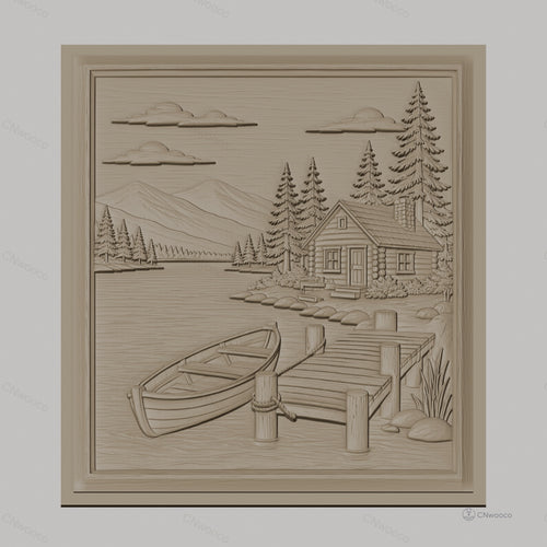 Fichier CNC & impression 3D paysage nature, cabane en bois, lac, barque, ponton, haute qualité relief STL