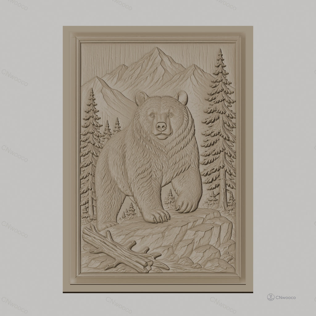 Fichier CNC & impression 3D Ours dans paysage montagneux avec arbres et rochers, haute qualité relief STL