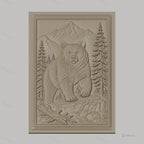 Fichier CNC & impression 3D Ours dans paysage montagneux avec arbres et rochers, haute qualité relief STL
