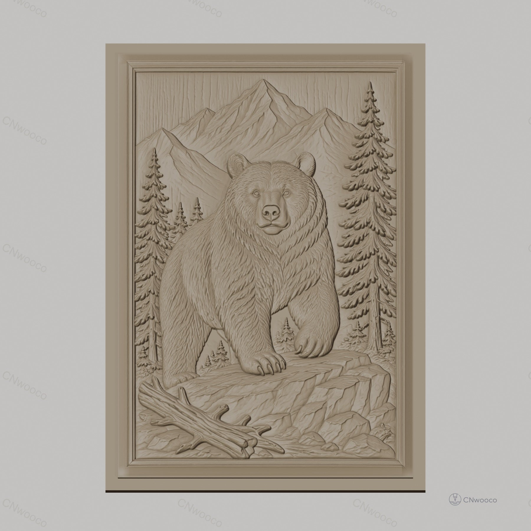 Fichier CNC & impression 3D Ours dans paysage montagneux avec arbres et rochers, haute qualité relief STL