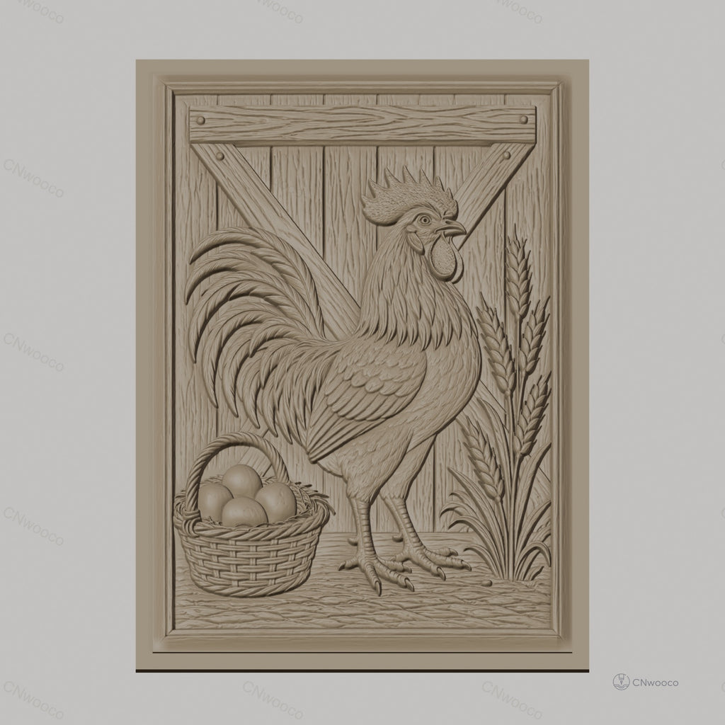 Fichier CNC & impression 3D coq, panier d'œufs et épis de blé, haute qualité relief STL